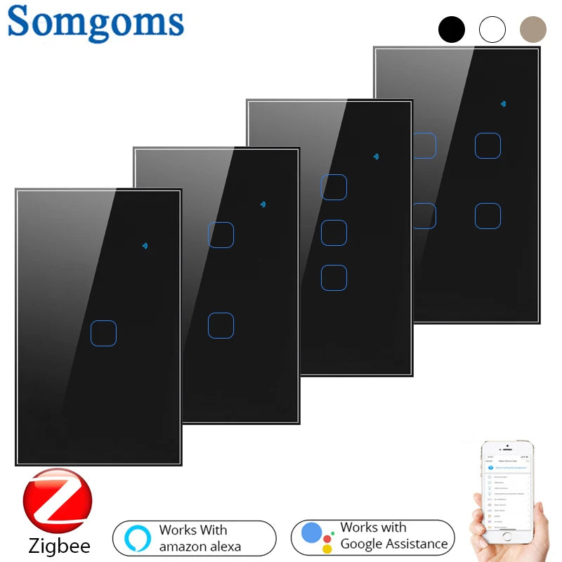 Interruptor Smart Zigbee Somgoms Touch – 1 a 4 Botões, Compatível com Alexa, Google Home e Tuya