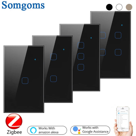 Interruptor Smart Zigbee Somgoms Touch – 1 a 4 Botões, Compatível com Alexa, Google Home e Tuya