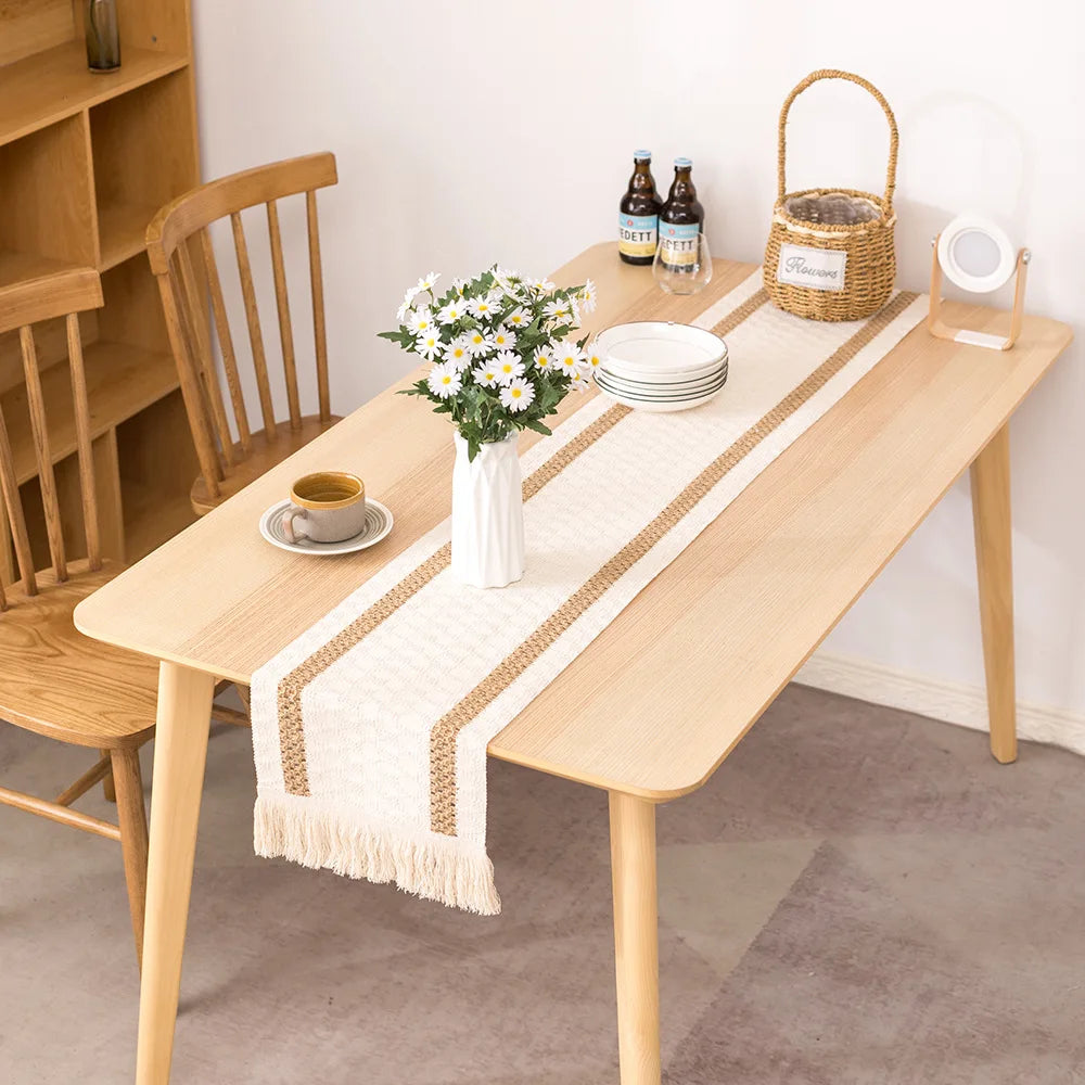 Trilho de Mesa Decorativo Boho em Algodão com Franjas – Estilo Natural para Sala e Cozinha