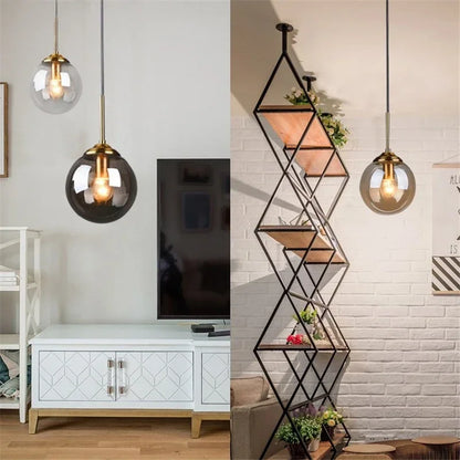 Luminária Pendente Bola de Vidro Transparente e Fumê – Design Moderno Luxo