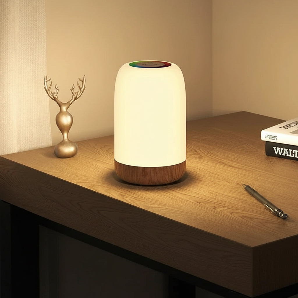 Luminária LED RGB Shenzhi Tech – Luz Ambiente com Controle Touch e Base de Madeira