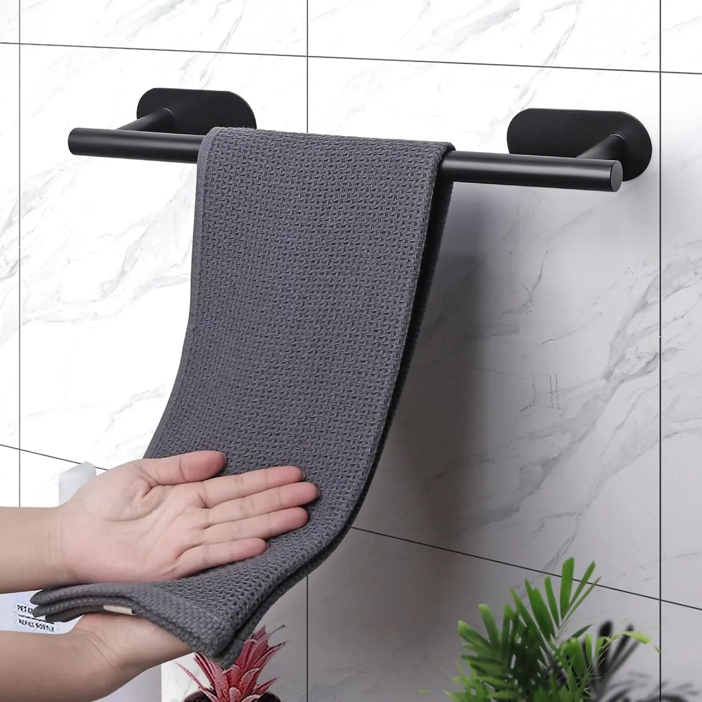 Suporte de Toalha em Aço Inoxidável Sem Necessidade de Furar – Conjunto com Porta-Papel Higiênico Autoadesivo e Gancho para Roupão | Preto Fosco e Prata