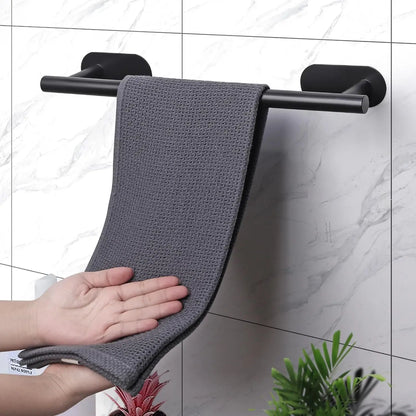 Suporte de Toalha em Aço Inoxidável Sem Necessidade de Furar – Conjunto com Porta-Papel Higiênico Autoadesivo e Gancho para Roupão | Preto Fosco e Prata