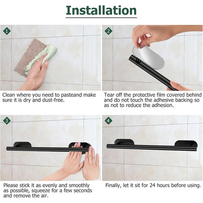 Suporte de Toalha em Aço Inoxidável Sem Necessidade de Furar – Conjunto com Porta-Papel Higiênico Autoadesivo e Gancho para Roupão | Preto Fosco e Prata