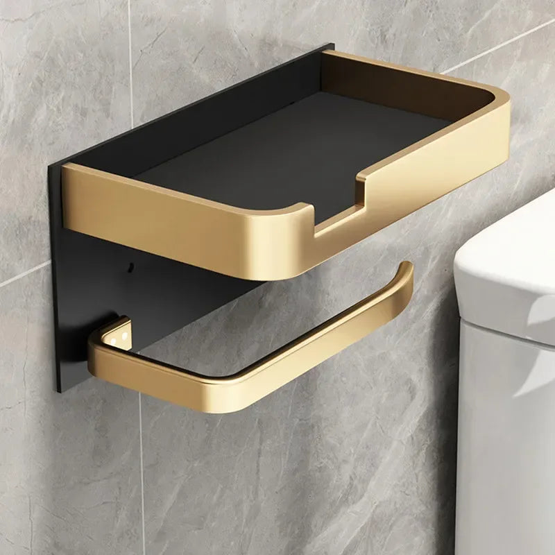 Suporte de Papel Higiênico Preto e Dourado – Funcionalidade, Estilo e Conforto no Seu Banheiro