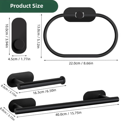 Suporte de Toalha em Aço Inoxidável Sem Necessidade de Furar – Conjunto com Porta-Papel Higiênico Autoadesivo e Gancho para Roupão | Preto Fosco e Prata