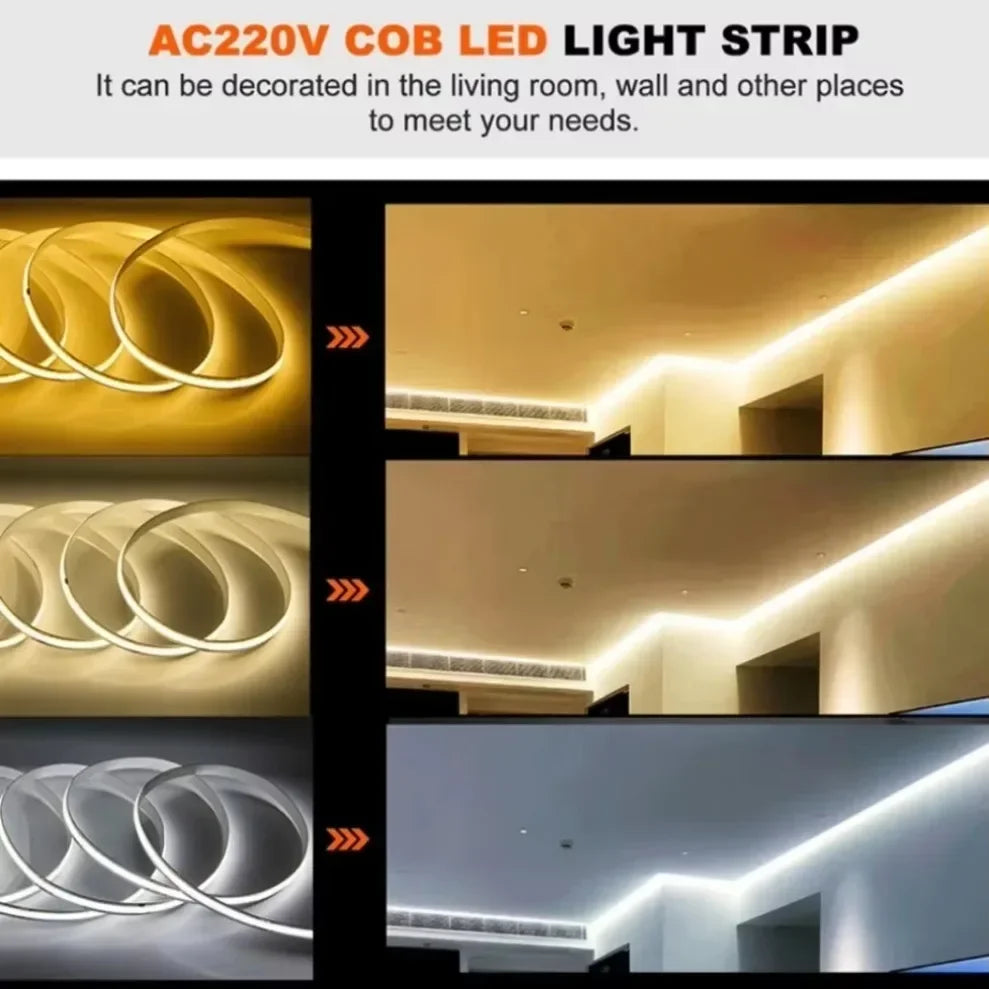 Fita de LED COB 220V de Alto Brilho – Iluminação Linear Profissional sem Driver