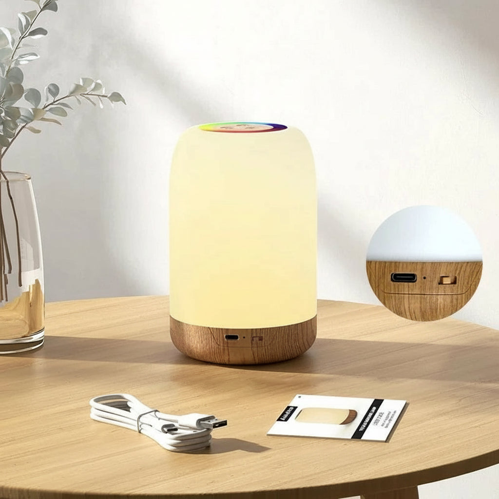 Luminária LED RGB Shenzhi Tech – Luz Ambiente com Controle Touch e Base de Madeira