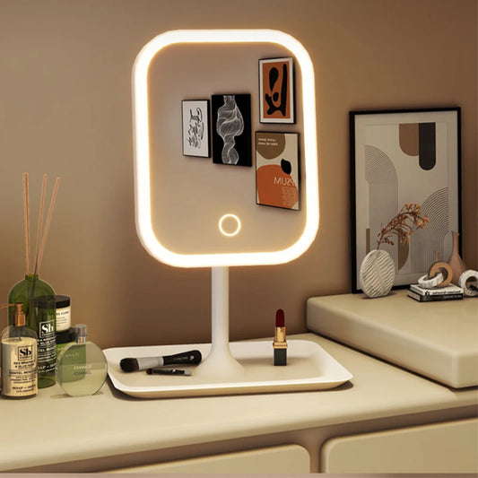 Espelho de Maquiagem com LED Touch – Iluminação Ajustável e Base Organizador