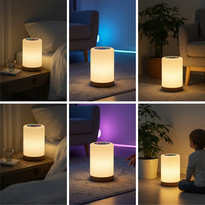 Luminária LED RGB Shenzhi Tech – Luz Ambiente com Controle Touch e Base de Madeira