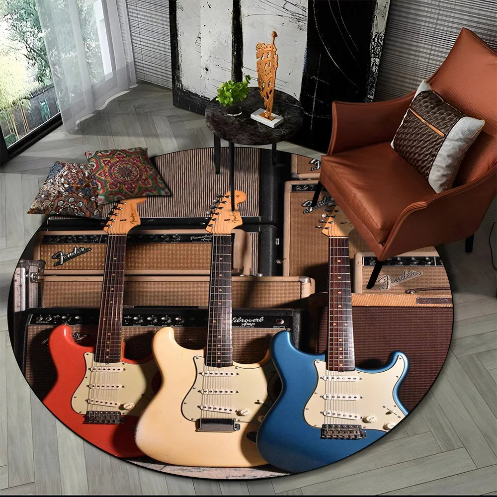 Tapete Redondo Estilo Fender Retrô – Música, Personalidade e Conforto para Seu Ambiente